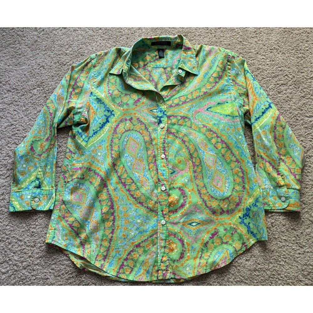Lauren Ralph Lauren Paisley Floral Print Button Down Shirt- Women's Med Y2K 90s